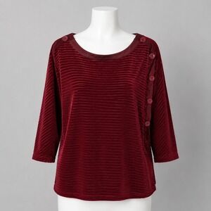 Life Style Blouse Size large Women's Burgundy Red Ribbed Knit Button Shoulder